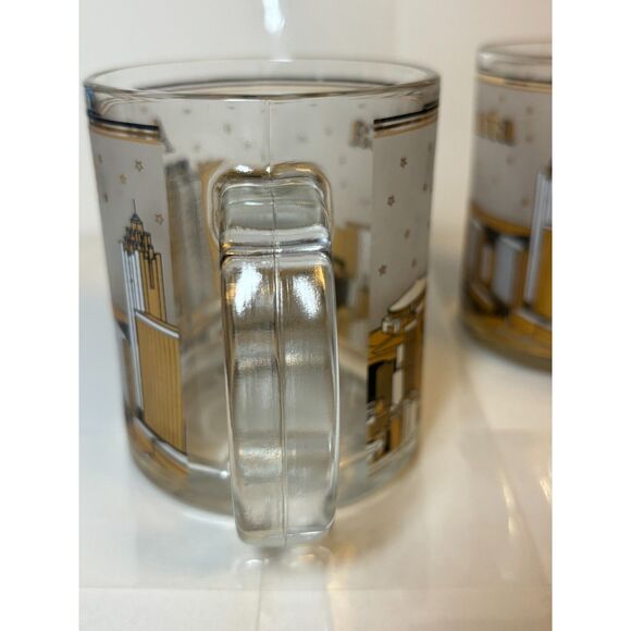 2 Atlanta Frosted Gold and Black City Building Stars Clear Glass Mugs - Picture 4 of 9